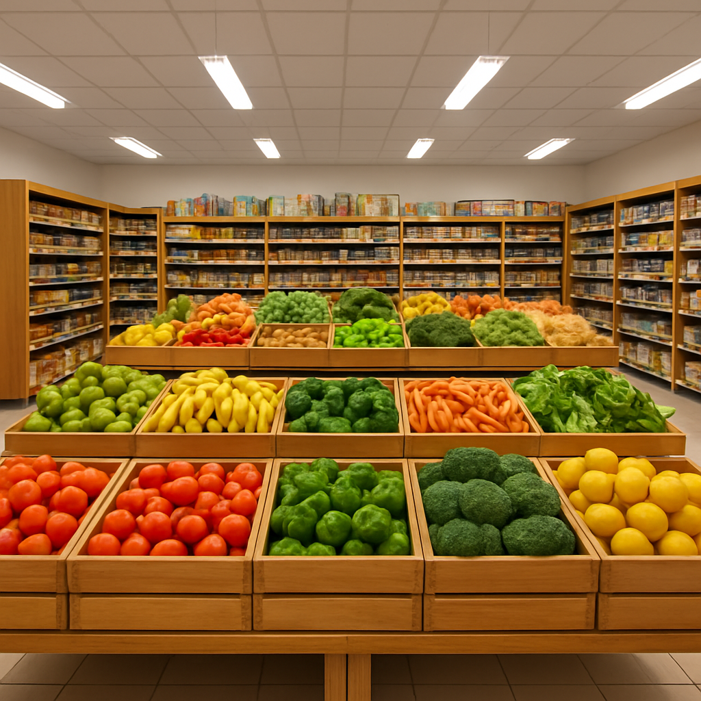 Inside Freshistan Market — rows of fresh fruits, vegetables and grocery shelves in Merrylands