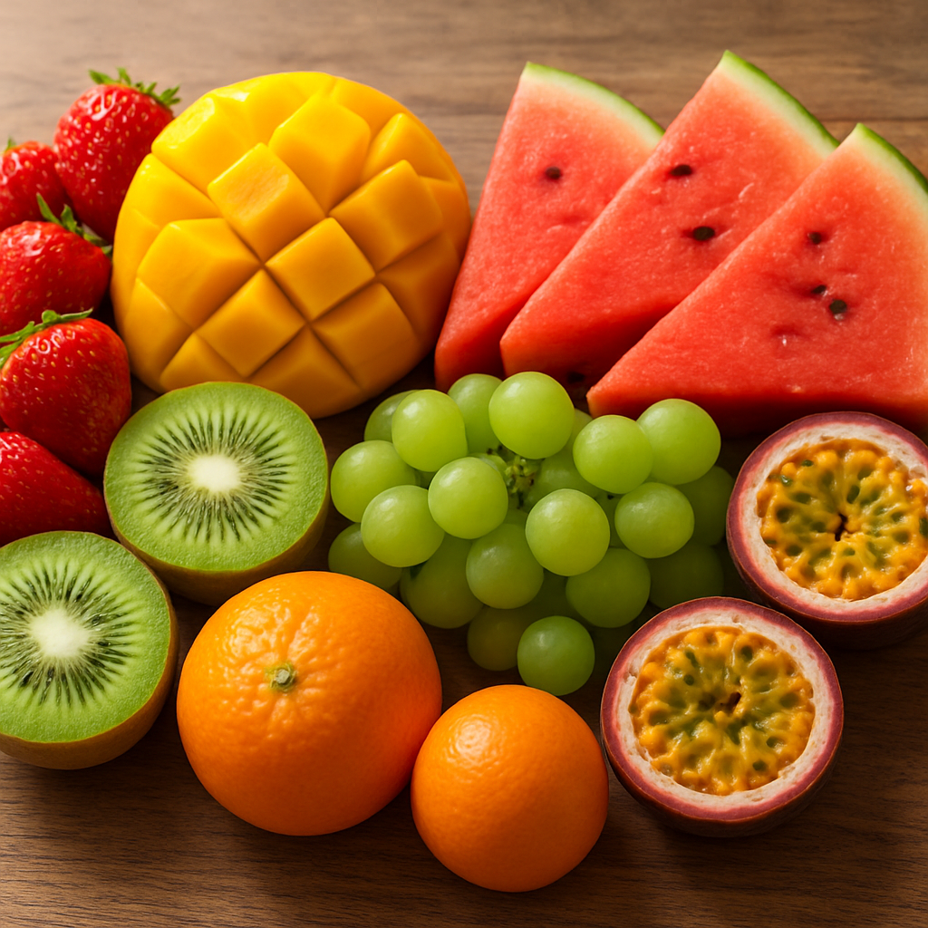 Colourful display of fresh seasonal fruits including strawberries, mangoes and citrus