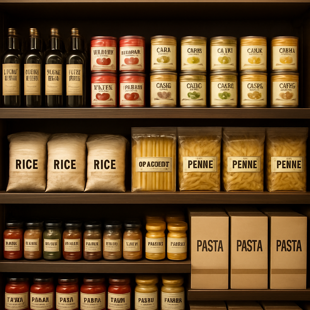Neatly arranged grocery shelves with pantry items including oils, canned goods and spices