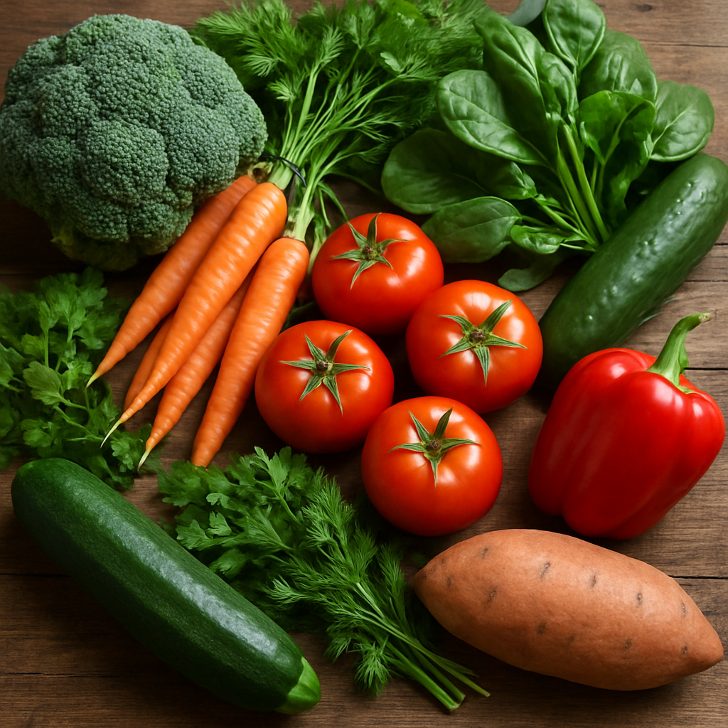 Fresh vegetables including broccoli, carrots, spinach and capsicum on a wooden surface